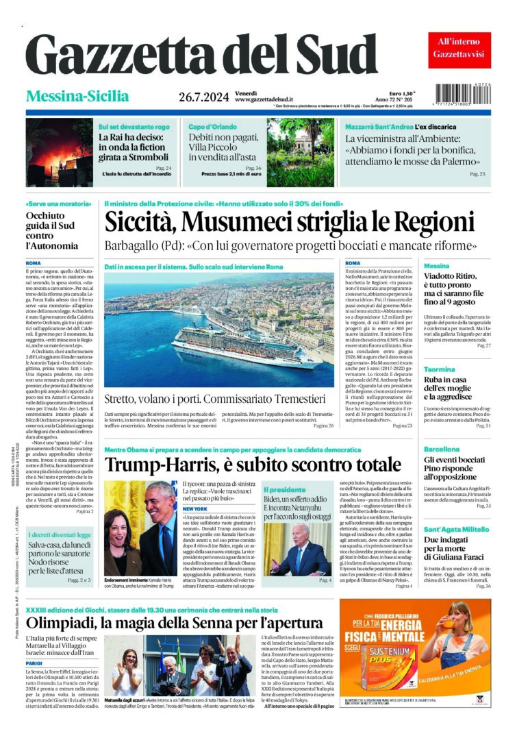 Prima-pagina-gazzetta-del-sud-messina-edizione-di-oggi-26-07-2024