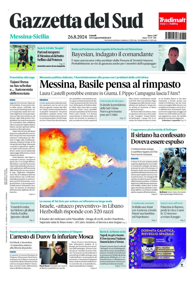 Prima-pagina-gazzetta-del-sud-messina-edizione-di-oggi-26-08-2024