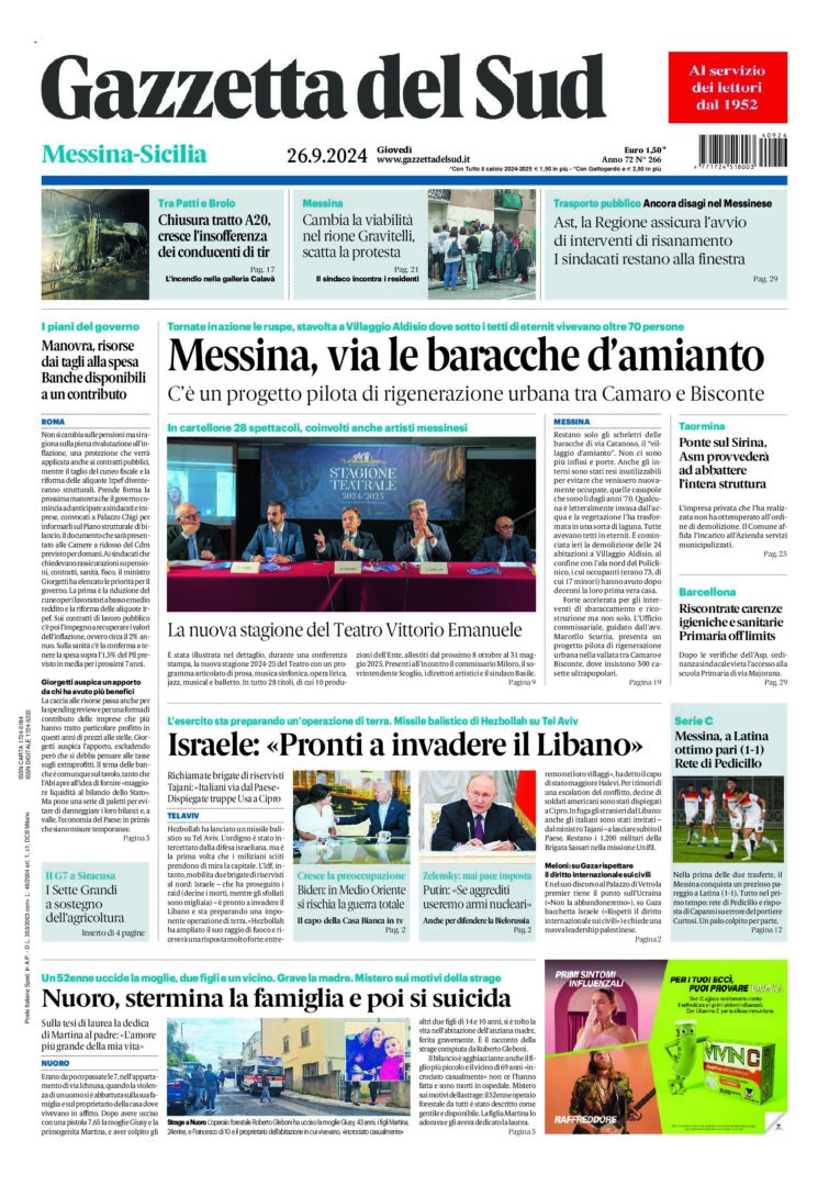 Prima-pagina-gazzetta-del-sud-messina-edizione-di-oggi-26-09-2024