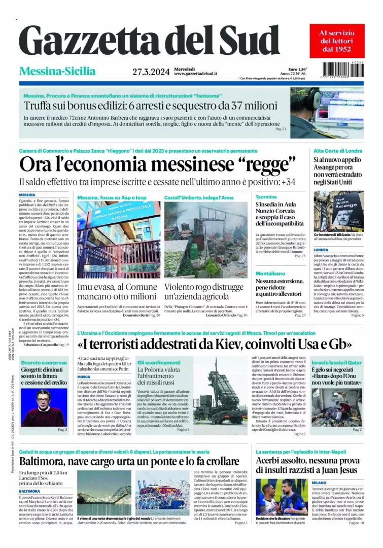 Prima-pagina-gazzetta-del-sud-messina-edizione-di-oggi-27-03-2024