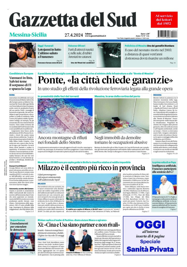 Prima-pagina-gazzetta-del-sud-messina-edizione-di-oggi-27-04-2024