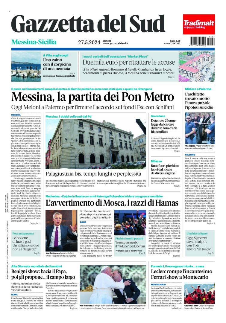 Prima-pagina-gazzetta-del-sud-messina-edizione-di-oggi-27-05-2024