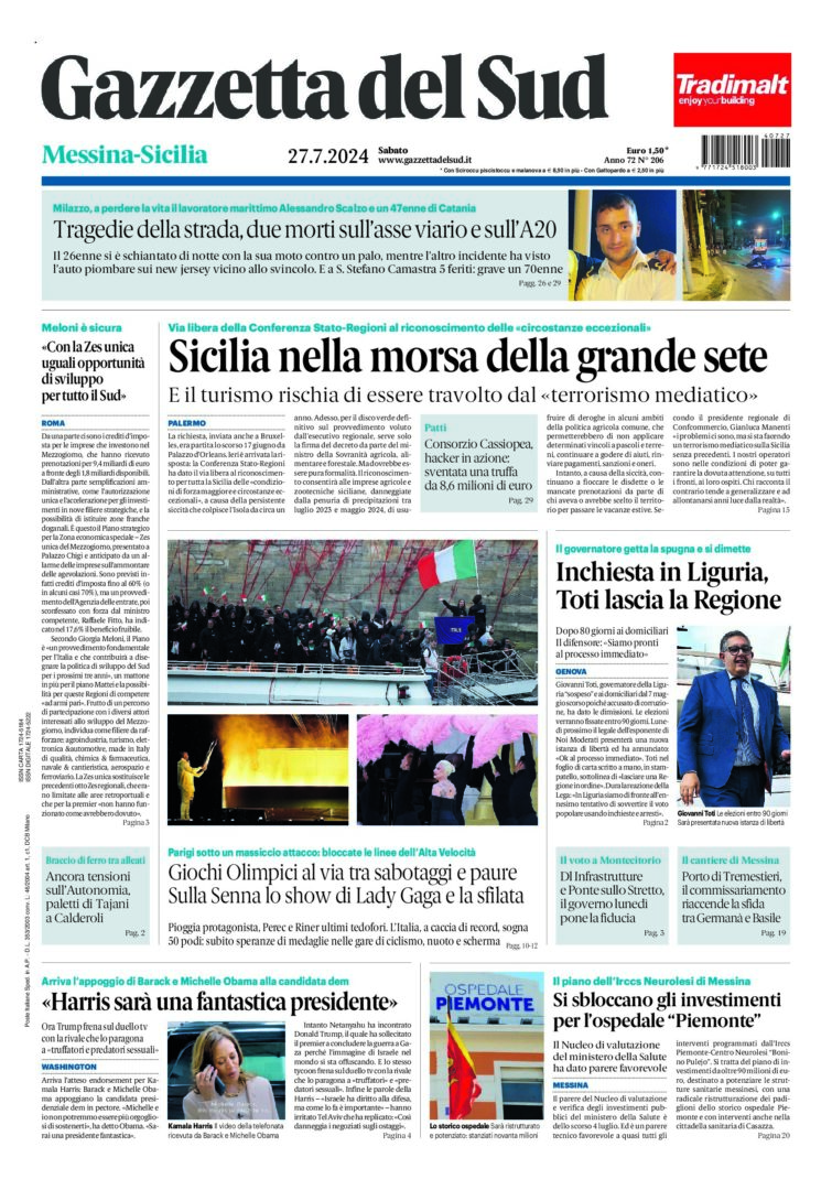 Prima-pagina-gazzetta-del-sud-messina-edizione-di-oggi-27-07-2024