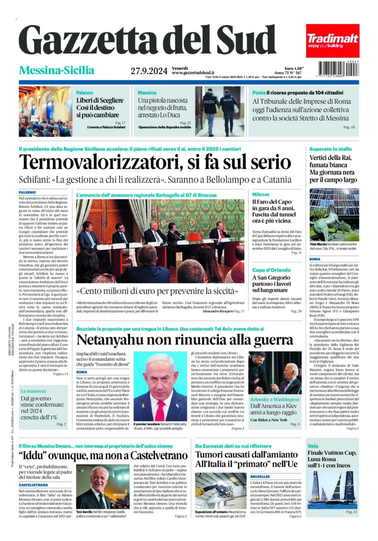 Prima-pagina-gazzetta-del-sud-messina-edizione-di-oggi-27-09-2024