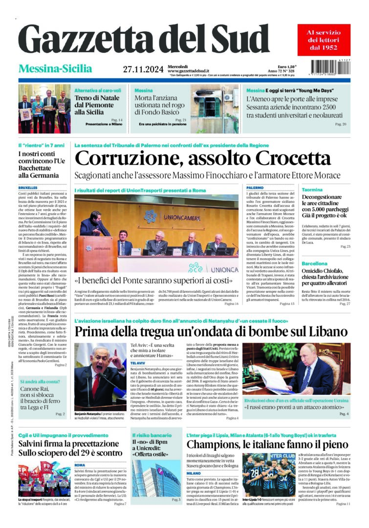 Prima-pagina-gazzetta-del-sud-messina-edizione-di-oggi-27-11-2024