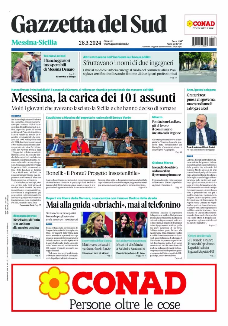 Prima-pagina-gazzetta-del-sud-messina-edizione-di-oggi-28-03-2024