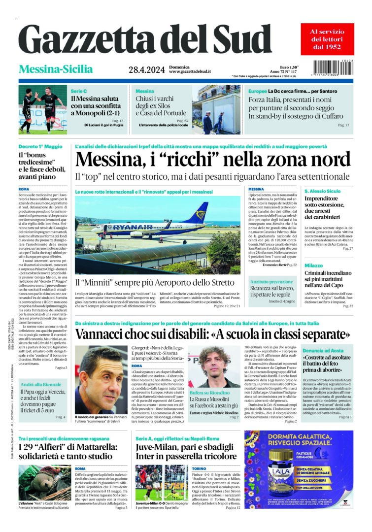 Prima-pagina-gazzetta-del-sud-messina-edizione-di-oggi-28-04-2024