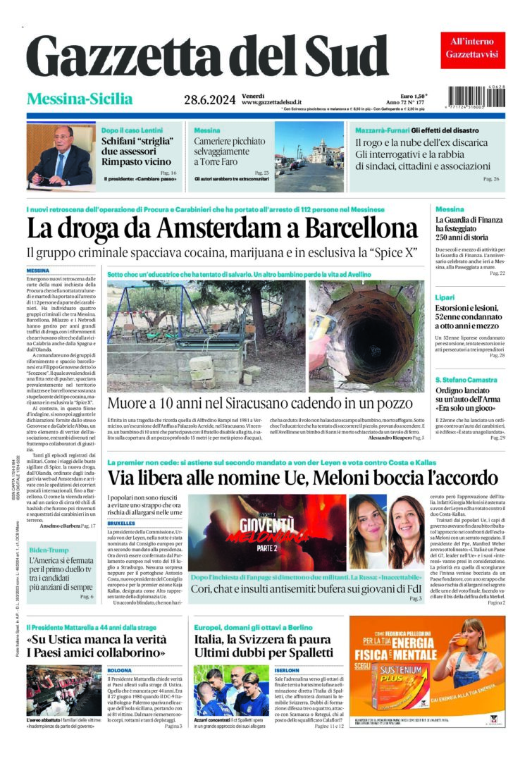 Prima-pagina-gazzetta-del-sud-messina-edizione-di-oggi-28-06-2024