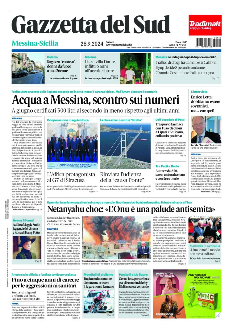 Prima-pagina-gazzetta-del-sud-messina-edizione-di-oggi-28-09-2024