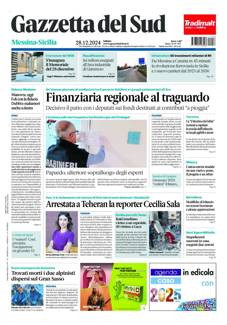 Prima-pagina-gazzetta-del-sud-messina-edizione-di-oggi-28-12-2024