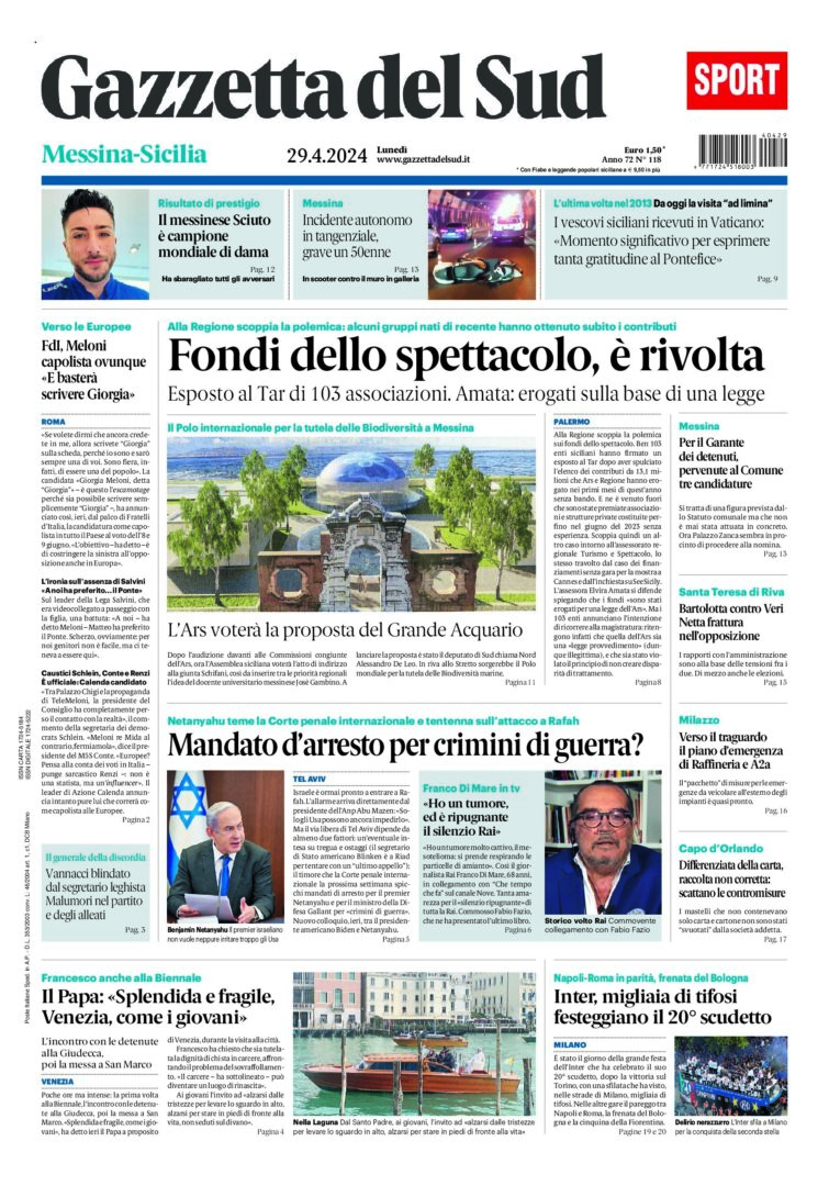 Prima-pagina-gazzetta-del-sud-messina-edizione-di-oggi-29-04-2024