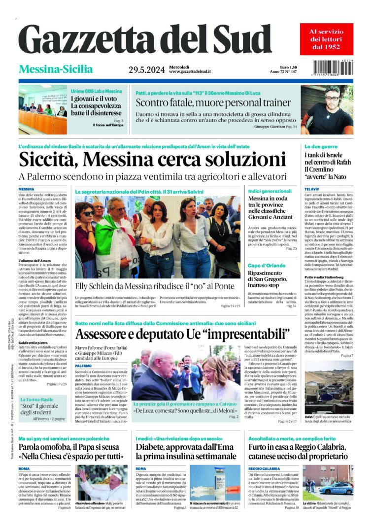 Prima-pagina-gazzetta-del-sud-messina-edizione-di-oggi-29-05-2024