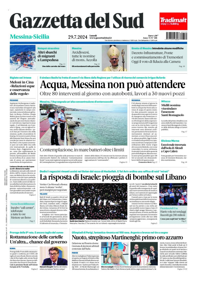 Prima-pagina-gazzetta-del-sud-messina-edizione-di-oggi-29-07-2024