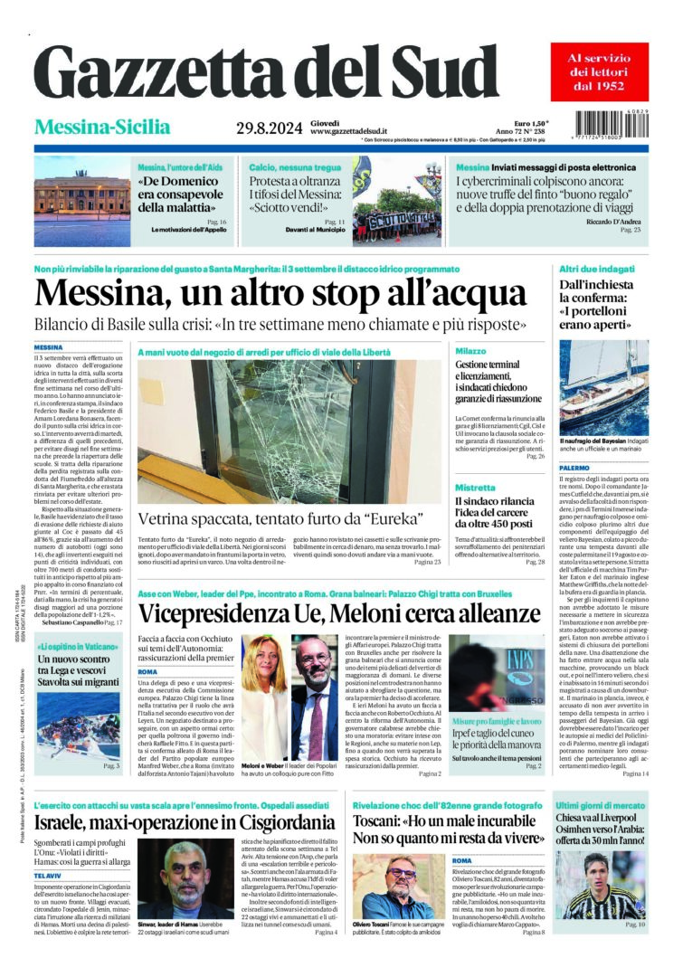 Prima-pagina-gazzetta-del-sud-messina-edizione-di-oggi-29-08-2024