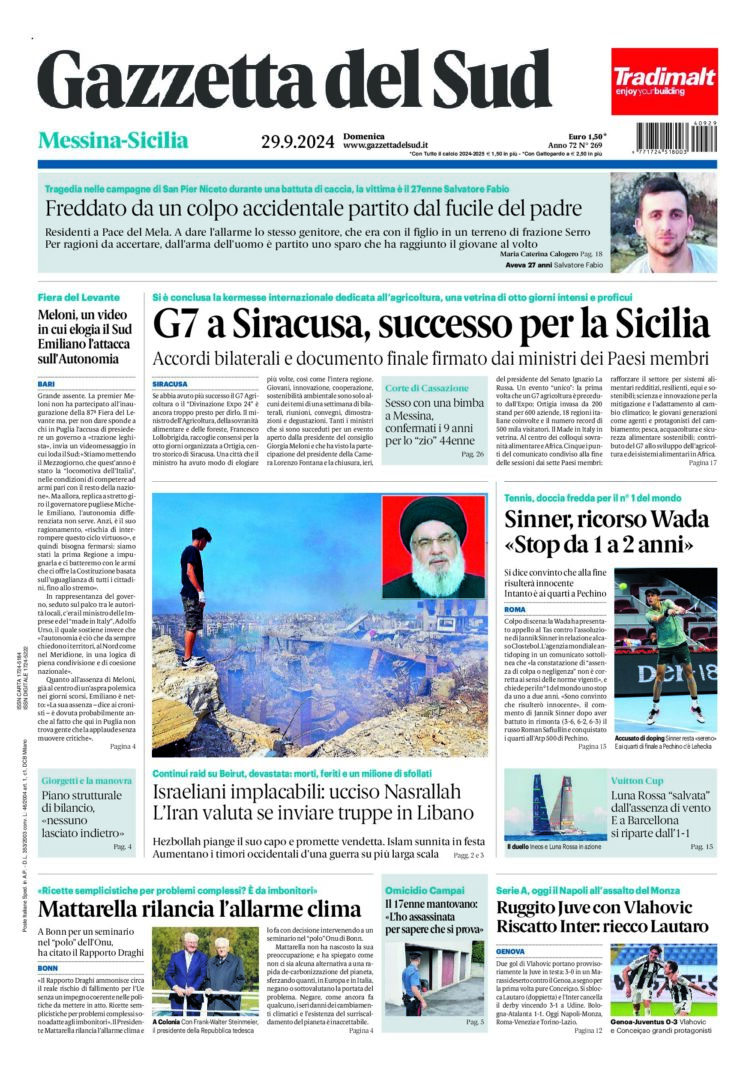 Prima-pagina-gazzetta-del-sud-messina-edizione-di-oggi-29-09-2024