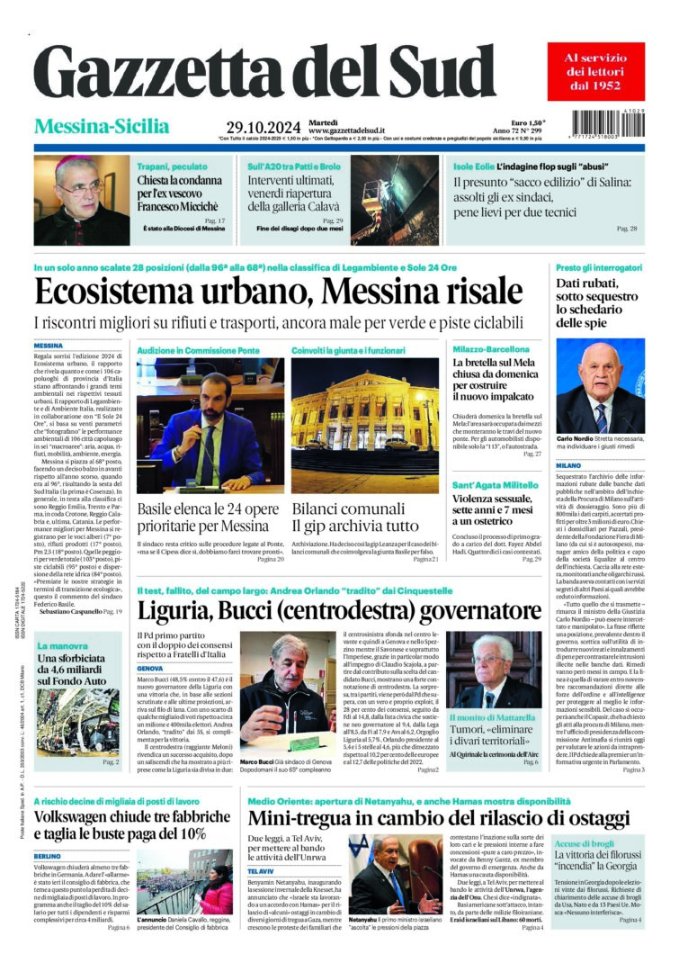 Prima-pagina-gazzetta-del-sud-messina-edizione-di-oggi-29-10-2024