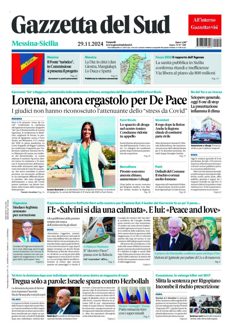 Prima-pagina-gazzetta-del-sud-messina-edizione-di-oggi-29-11-2024