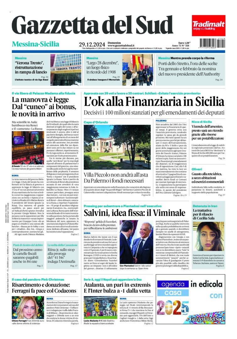 Prima-pagina-gazzetta-del-sud-messina-edizione-di-oggi-29-12-2024