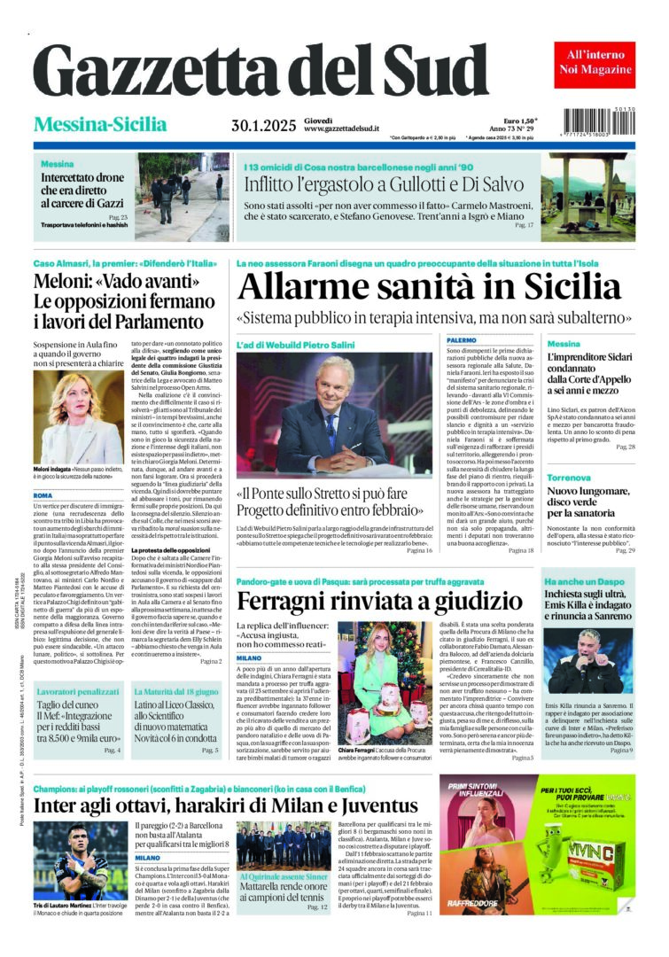 Prima-pagina-gazzetta-del-sud-messina-edizione-di-oggi-30-01-2025