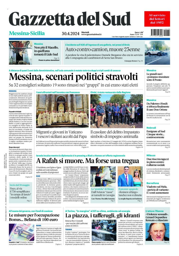 Prima-pagina-gazzetta-del-sud-messina-edizione-di-oggi-30-04-2024