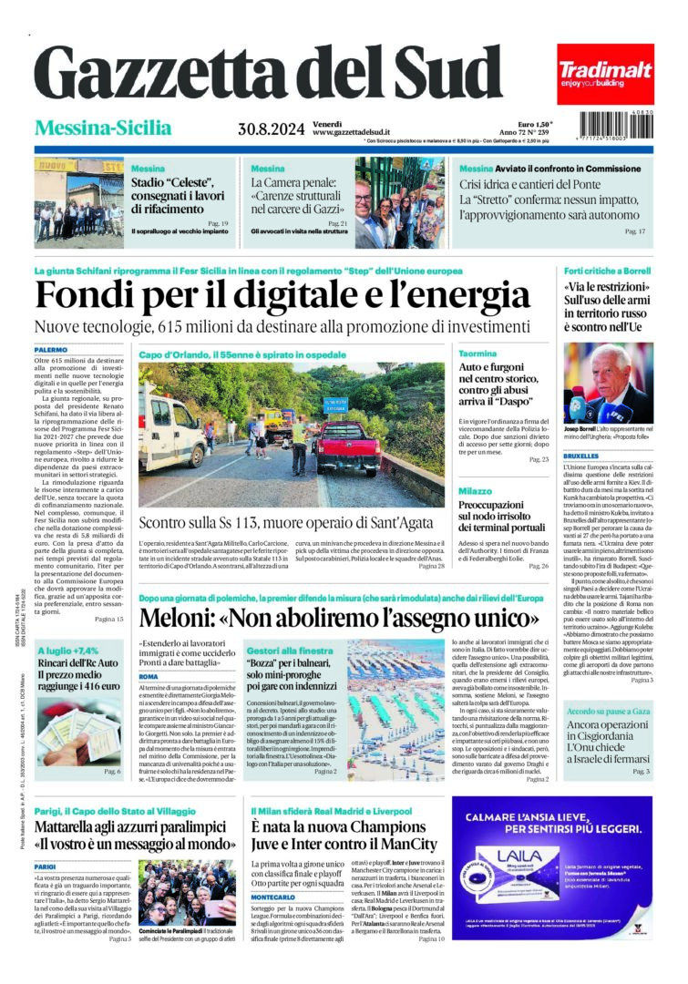 Prima-pagina-gazzetta-del-sud-messina-edizione-di-oggi-30-08-2024