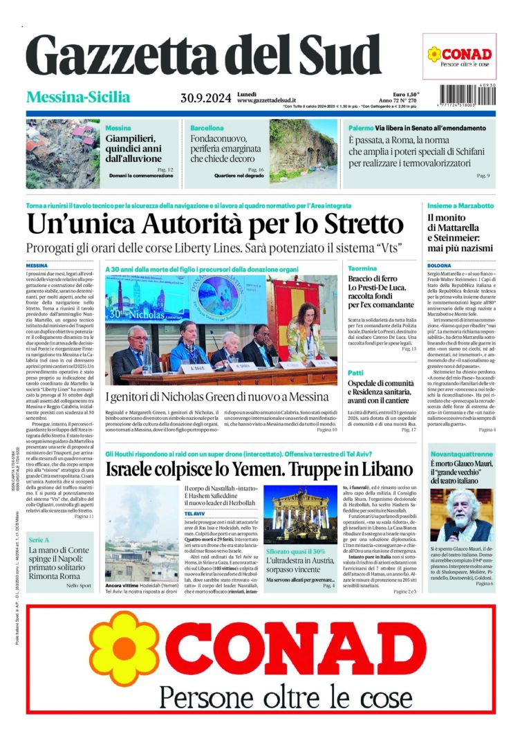 Prima-pagina-gazzetta-del-sud-messina-edizione-di-oggi-30-09-2024