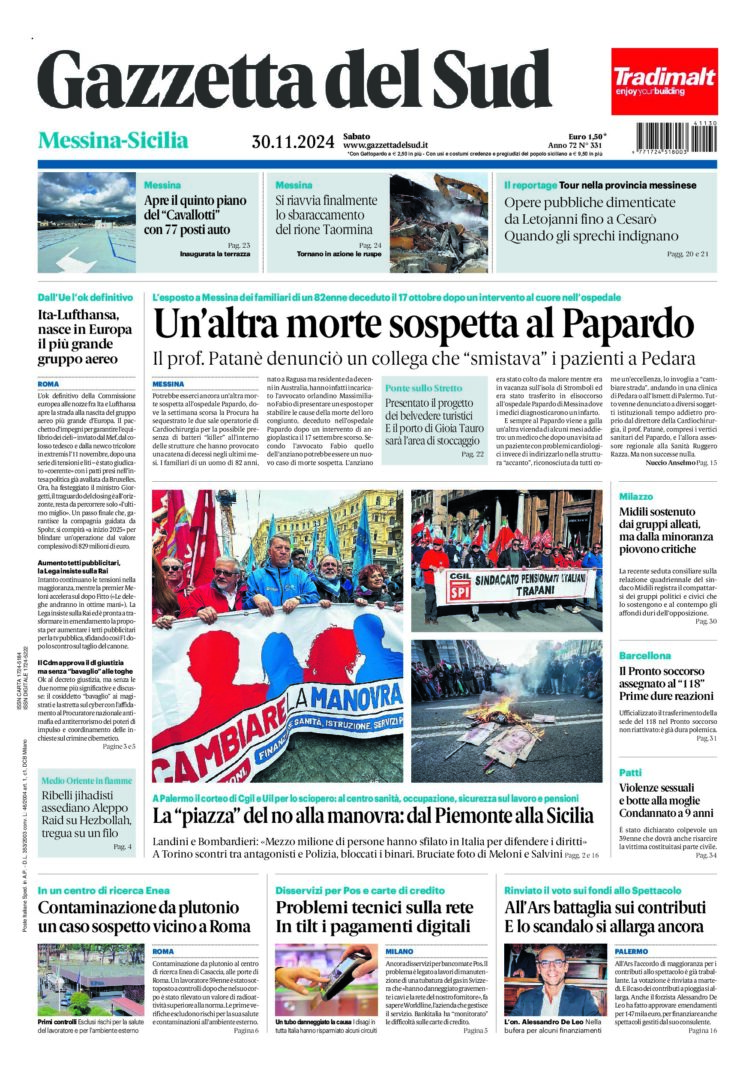 Prima-pagina-gazzetta-del-sud-messina-edizione-di-oggi-30-11-2024