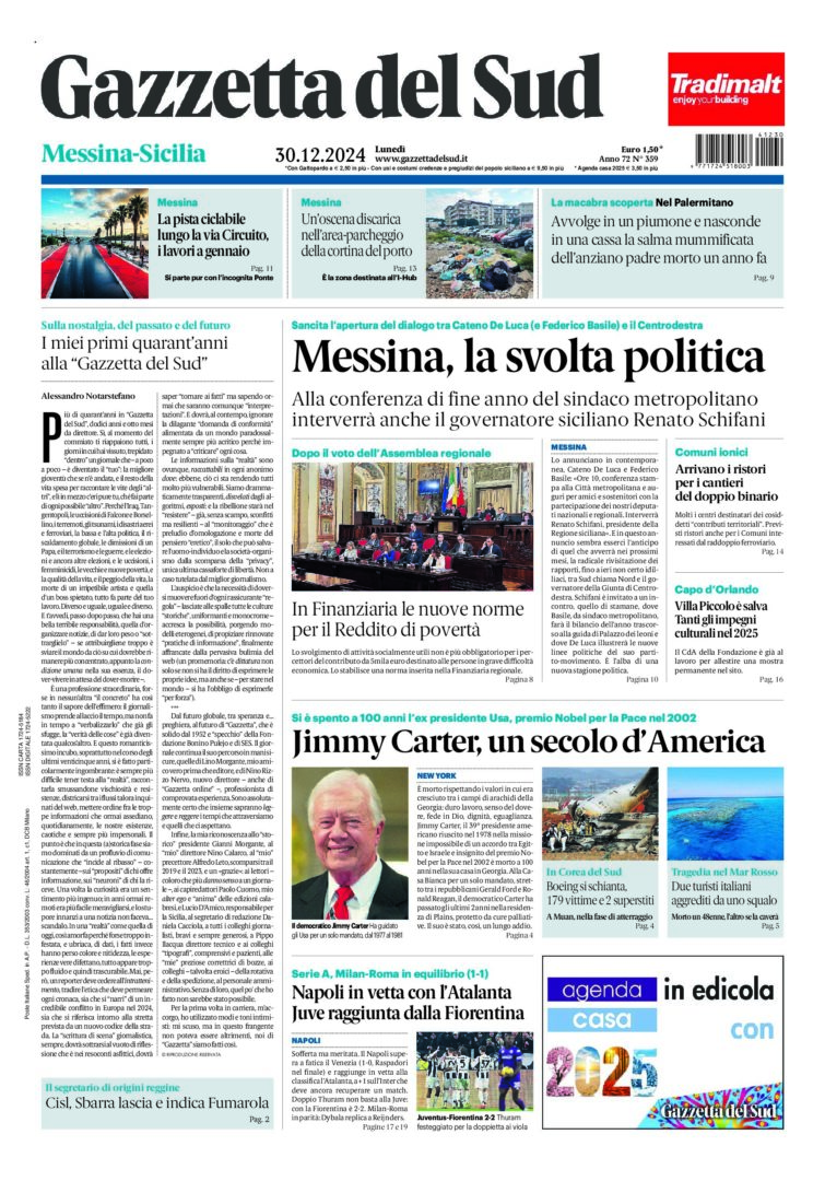 Prima-pagina-gazzetta-del-sud-messina-edizione-di-oggi-30-12-2024