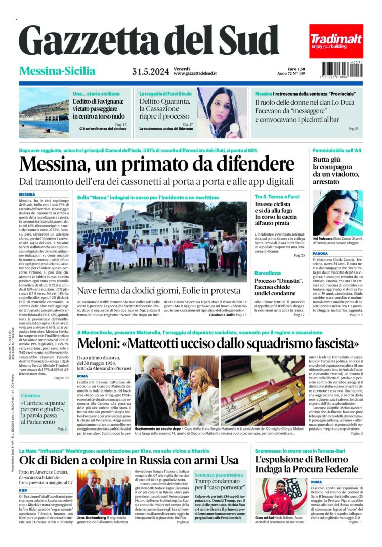 Prima-pagina-gazzetta-del-sud-messina-edizione-di-oggi-31-05-2024