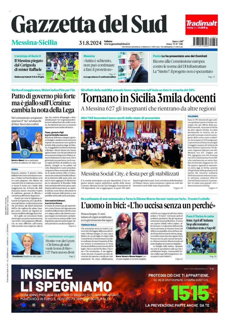 Prima-pagina-gazzetta-del-sud-messina-edizione-di-oggi-31-08-2024