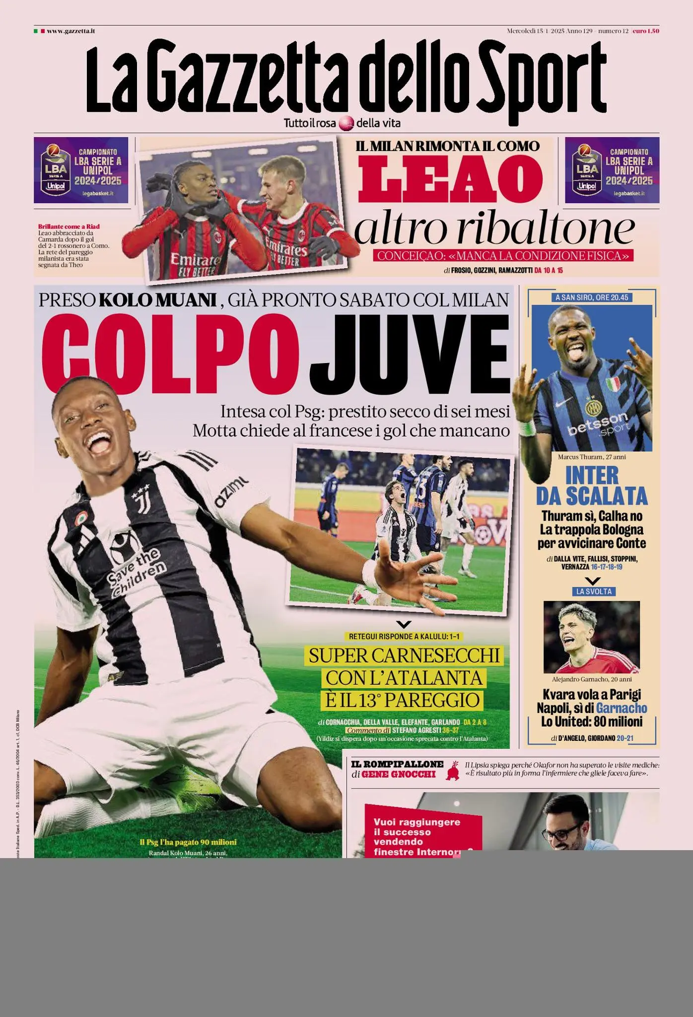 Prima-pagina-gazzetta-dello-sport-edizione-di-oggi-15-01-2025