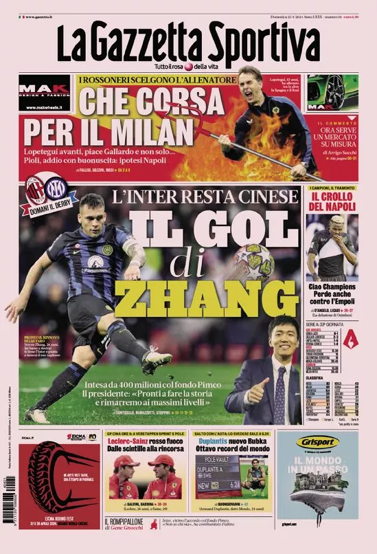 Prima-pagina-gazzetta-dello-sport-edizione-di-oggi-21-04-2024