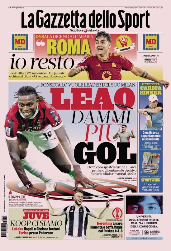 Prima-pagina-gazzetta-dello-sport-edizione-di-oggi-23-08-2024