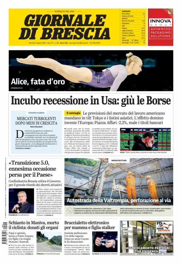 Prima-pagina-giornale di brescia-oggi-edizione-del-2024-08-06