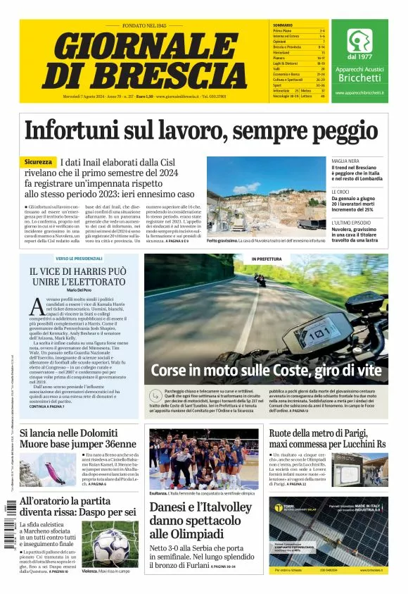 Prima-pagina-giornale di brescia-oggi-edizione-del-2024-08-07