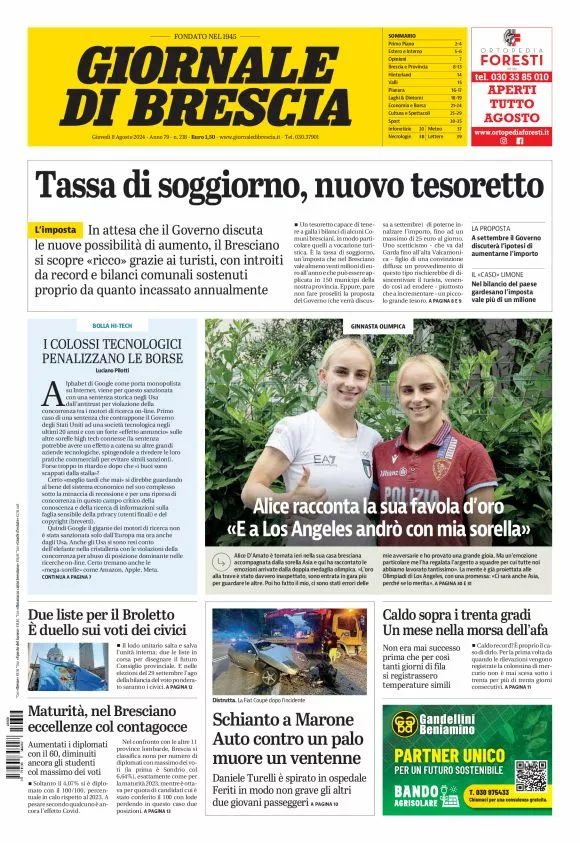 Prima-pagina-giornale di brescia-oggi-edizione-del-2024-08-08