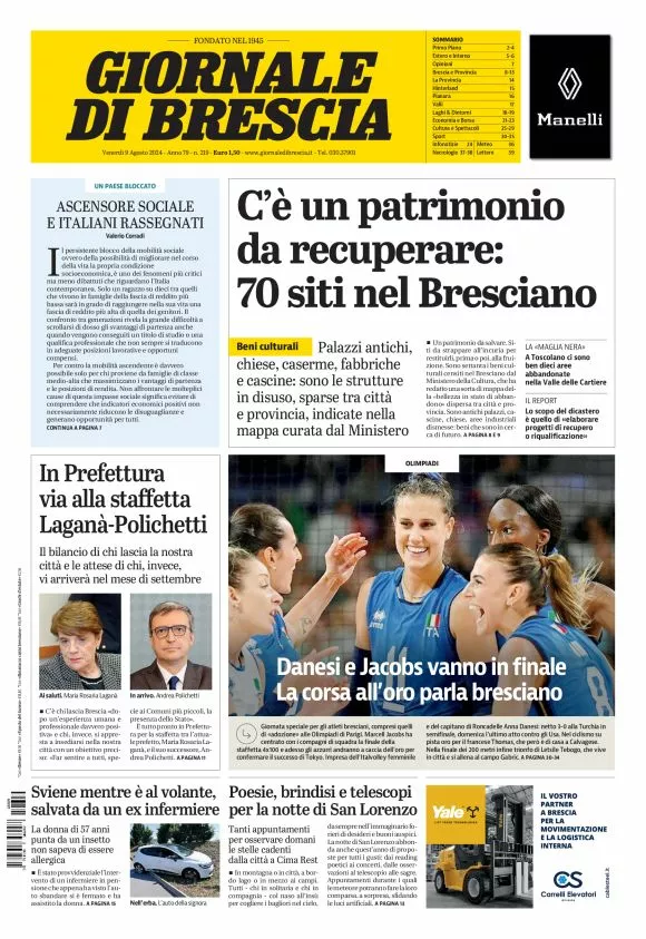 Prima-pagina-giornale di brescia-oggi-edizione-del-2024-08-09