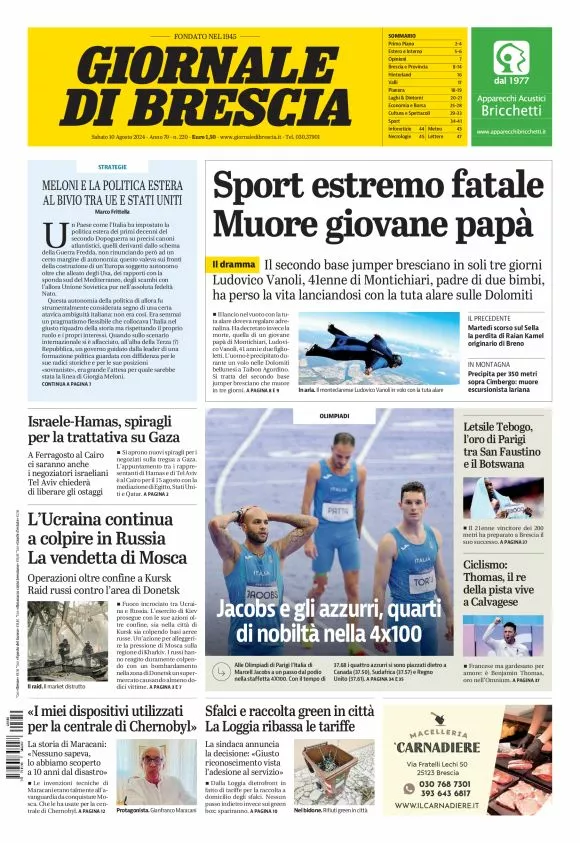 Prima-pagina-giornale di brescia-oggi-edizione-del-2024-08-10