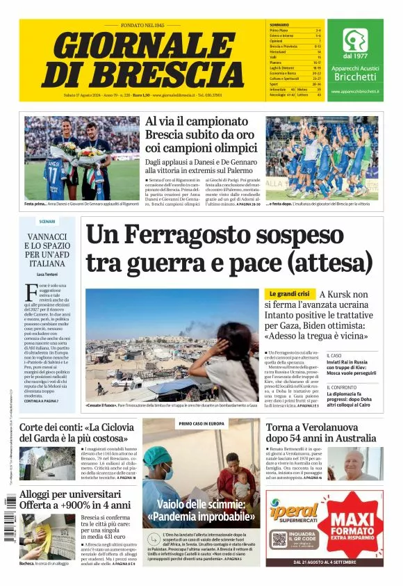 Prima-pagina-giornale di brescia-oggi-edizione-del-2024-08-17