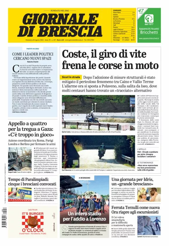 Prima-pagina-giornale di brescia-oggi-edizione-del-2024-08-18