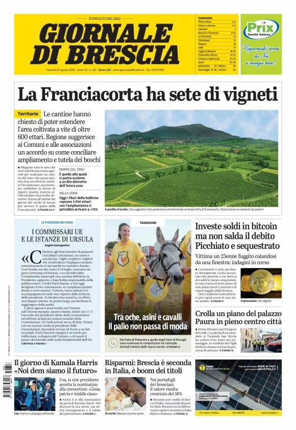 Prima-pagina-giornale di brescia-oggi-edizione-del-2024-08-23