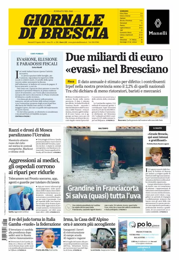 Prima-pagina-giornale di brescia-oggi-edizione-del-2024-08-27