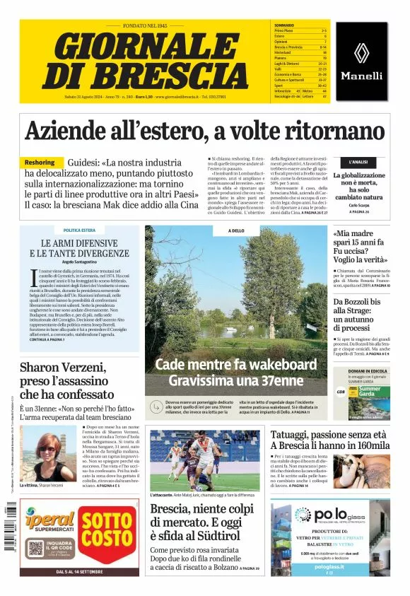 Prima-pagina-giornale di brescia-oggi-edizione-del-2024-08-31