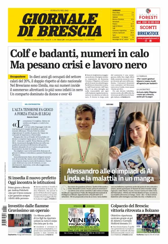 Prima-pagina-giornale di brescia-oggi-edizione-del-2024-09-01