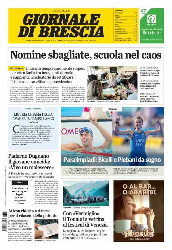 Prima-pagina-giornale di brescia-oggi-edizione-del-2024-09-03