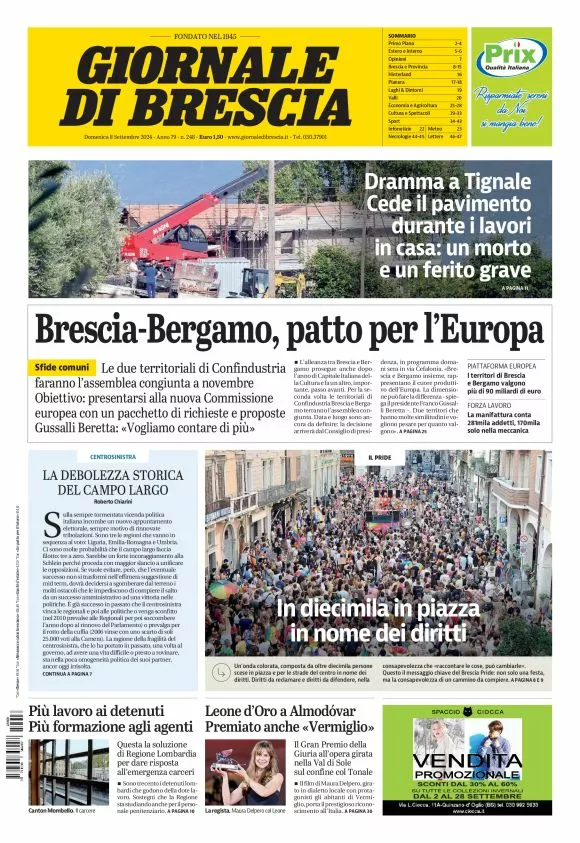 Prima-pagina-giornale di brescia-oggi-edizione-del-2024-09-08