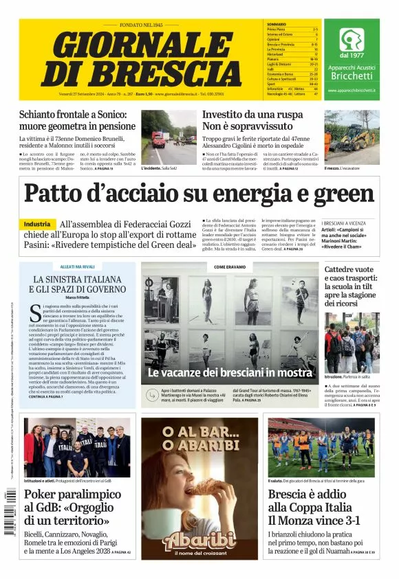 Prima-pagina-giornale di brescia-oggi-edizione-del-2024-09-27