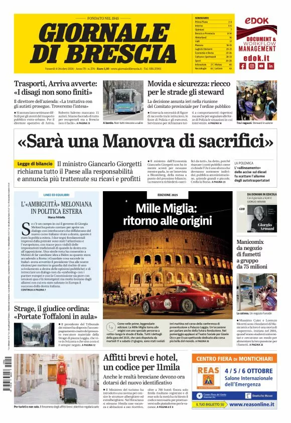 Prima-pagina-giornale di brescia-oggi-edizione-del-2024-10-04