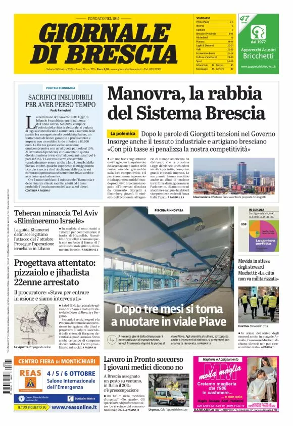 Prima-pagina-giornale di brescia-oggi-edizione-del-2024-10-05