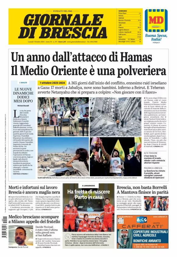 Prima-pagina-giornale di brescia-oggi-edizione-del-2024-10-07